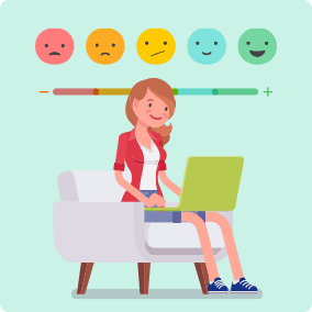 Woman sitting in a chair with a laptop, above her is a scale with 5 faces ranging from sad to happy.