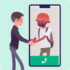 Two people talking and connecting through a large phone illustration