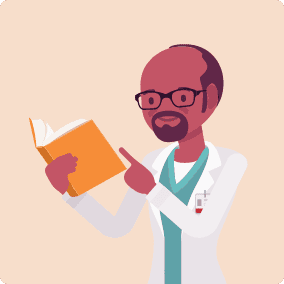 A doctor is shown holding a book, and pointing at something interesting. 