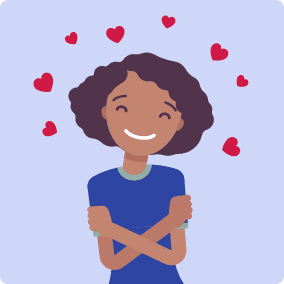 Woman is shown looking very happy, hugging herself. There are lots of little hearts surrounding her silhouette 